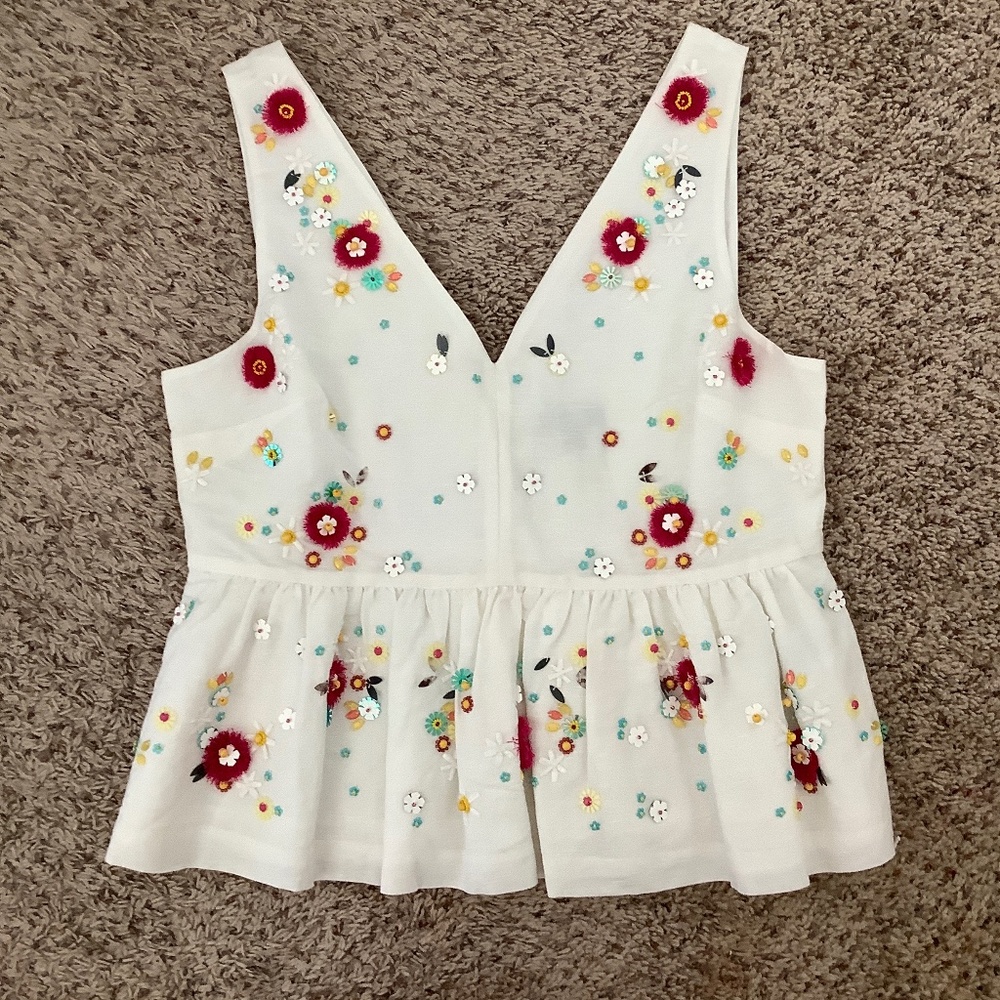 J.Crew white top with flower beads hand sewn on!